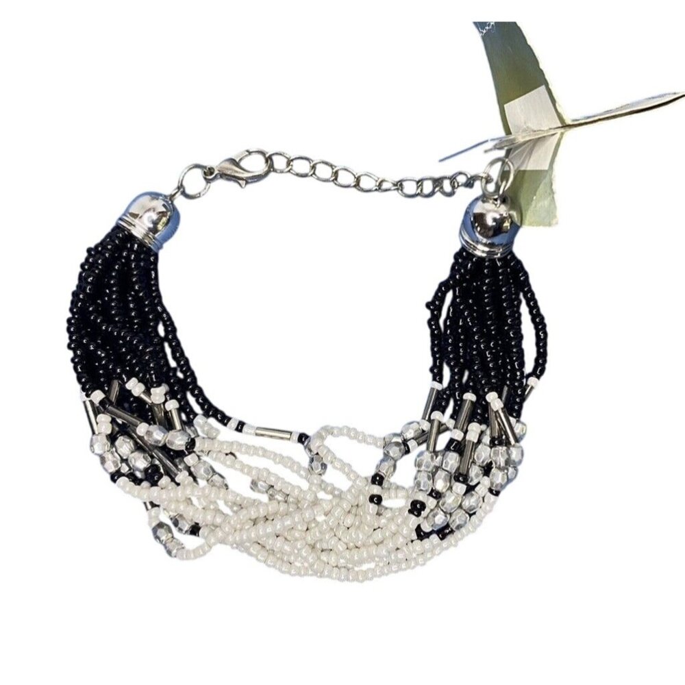 Glass Bead BRACELET Braided Seed Bead Chunky Southwesten Jewelry Black & White